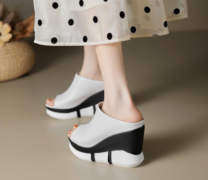 Womens Fashion Summer Open Toe Color Matching Leather Slippers Wedge High Heels