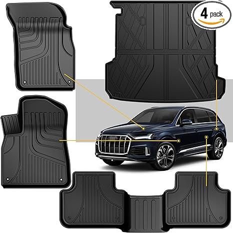 Original 2018-2024 Q7SQ7 Floor Mats and Cargo Liner for Audi Q7 All Model - Custom Fit Audi Q7 1st & 2nd Row TPE Floor Liner & Trunk Mat - 100% Protection - All Weather Car Mats for Audi Q7 2018-2024