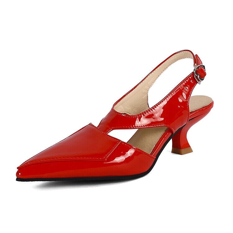 Women's Low Kitten High Heels Slingback Sandals Patent Leather Pointed Toe Shoes
