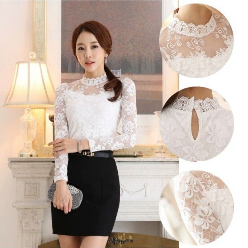 Donna Pizzo Rete Camicia Floreale Chiffon Camicetta Stand Colletto Top Snellente