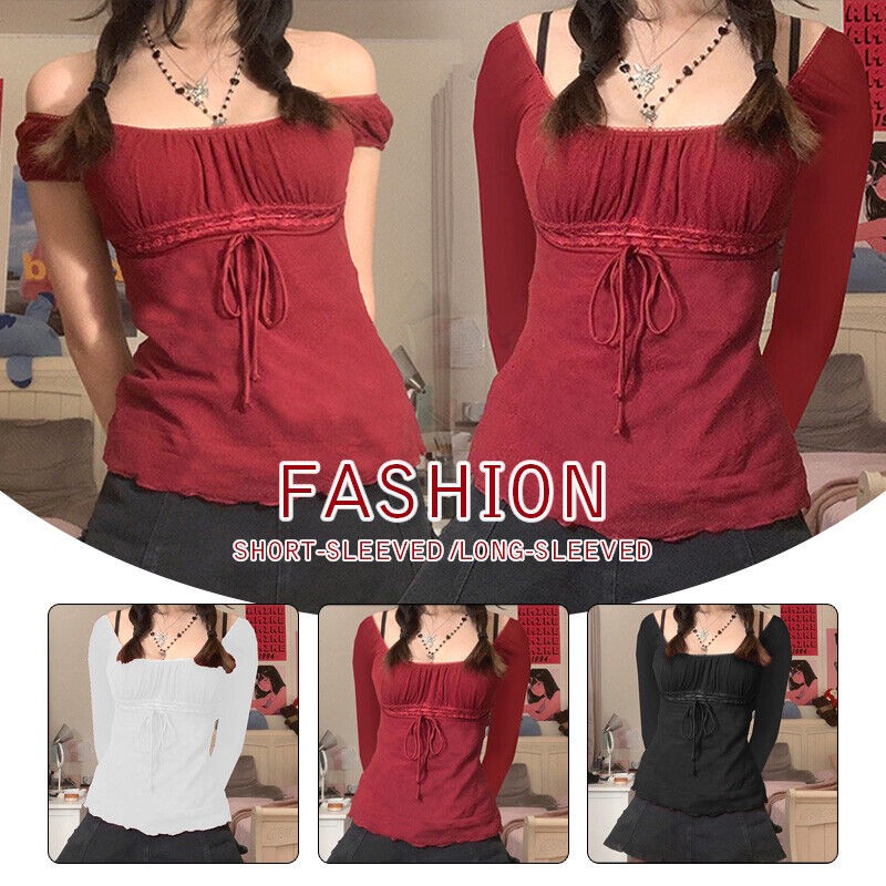 Women Sweet Off Shoulder Drawstring T Shirt Top Long Sleeve Blouse Square Neck