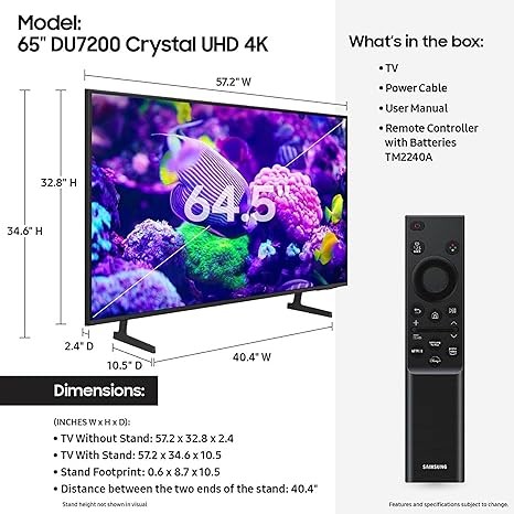 SAMSUNG 65-Inch Class Crystal UHD 4K DU7200 Series HDR Smart TV wObject Tracking Sound Lite, PurColor, Motion Xcelerator, Mega Contrast, Q-Symphony, Alexa Built-in (UN65DU7200, 2024 Model)