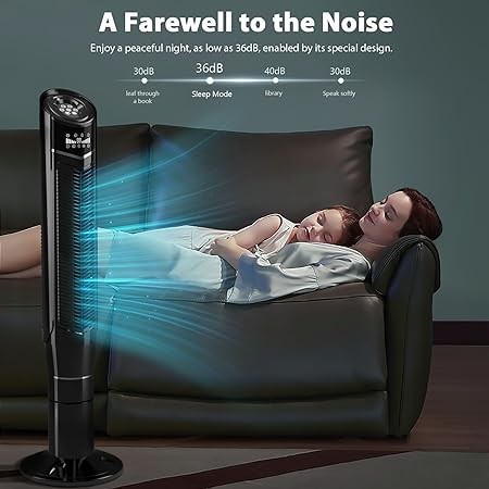Antarctic Star Tower Fan 360°Oscillating Fan Quiet Cooling 24H Timer Remote Control Powerful Standing 8 Wind Speed 3 Wind Modes Ionizer Bladeless Portable LED Display,Bedroom Office47-Inch  black