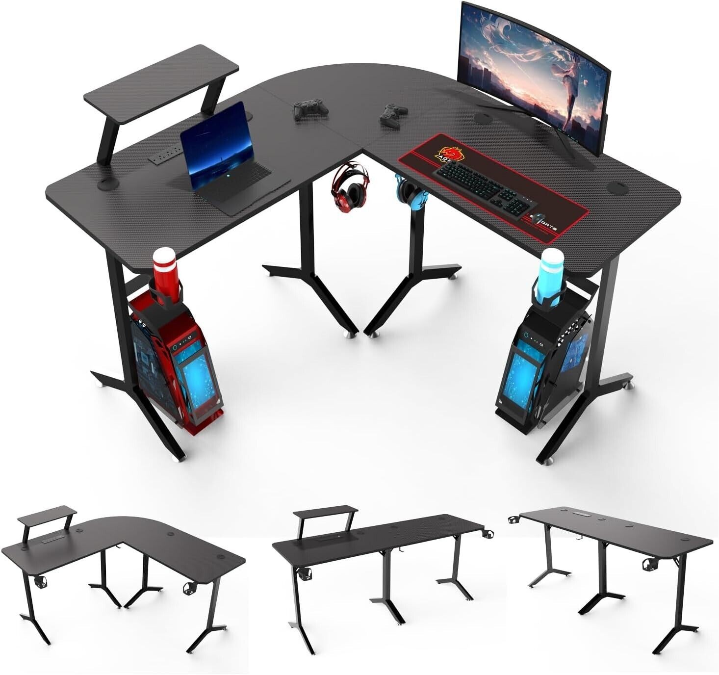 L-Shaped Gaming Desk Corner Table Computer Desk with RGB Light & Power Outlets