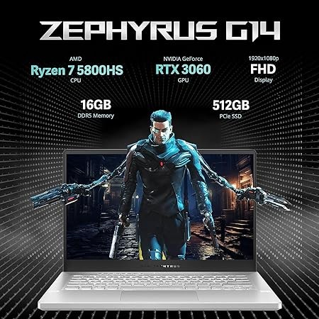 ASUS ROG Zephyrus Gaming Laptop 2023 Newest, 14 FHD 144HZ Display, AMD Ryzen 7 5800HS(Up to 4.4 GHz), NVIDIA GeForce RTX 3060 Graphics, 16GB RAM, 1TB SSD, Bluetooth, Wifi6, Windows 11 Home, White